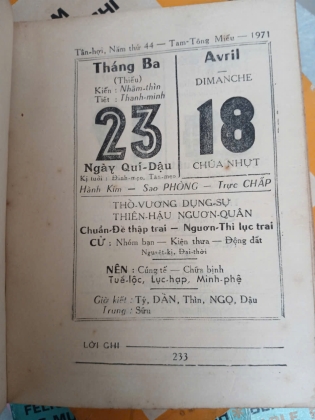 LỊCH SÁCH TAM TÔNG MIẾU NĂM 1971
